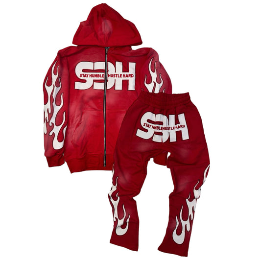 S3H FLAME RHINESTONE STACKED SWEATSUIT- RED