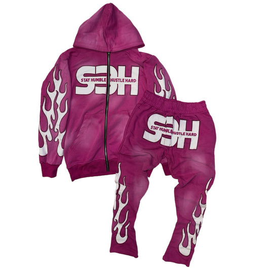 S3H FLAME RHINESTONE STACKED SWEATSUIT- PINK