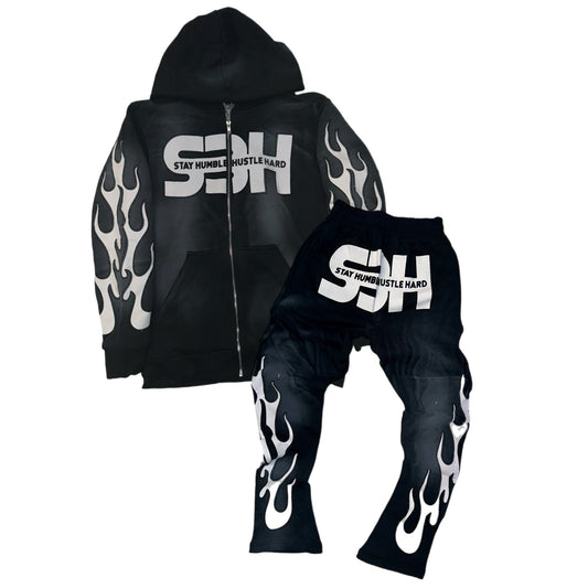 S3H FLAME RHINESTONE STACKED SWEATSUIT- BLACK