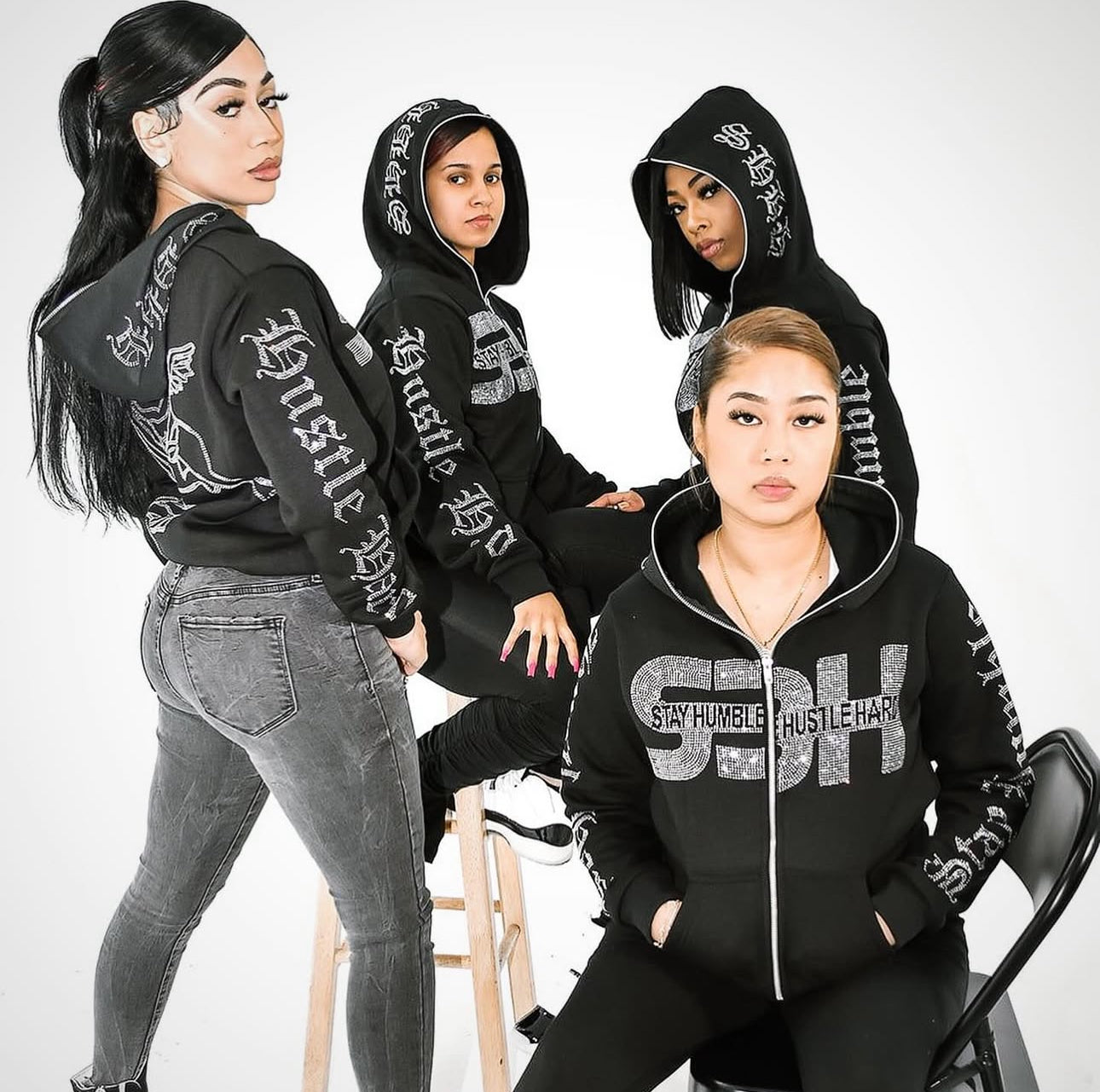 S3H FULL ZIP ANGEL HOODIE - BLACK RHINESTONE