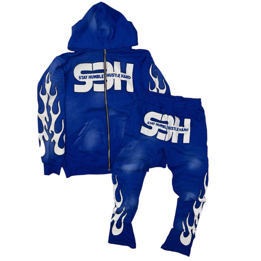 S3H FLAME RHINESTONE STACKED SWEATSUIT- BLUE