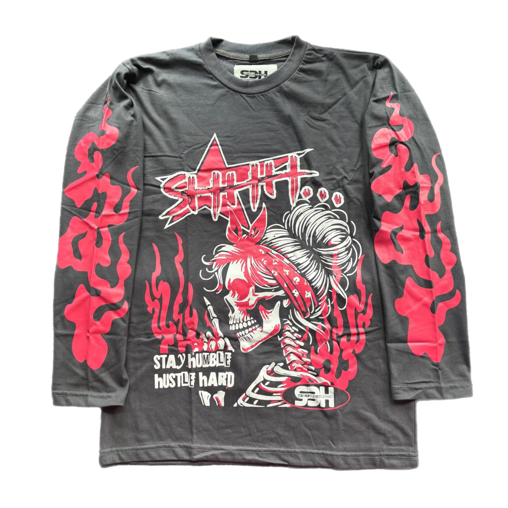 S3H SKELETON FLAME LONG SLEEVE SHIRT - DARK GREY PINK WHITE