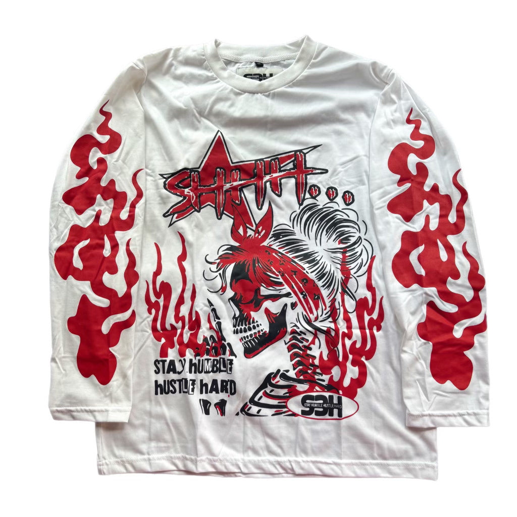 S3H SKELETON FLAME LONG SLEEVE SHIRT - WHITE RED BLACK