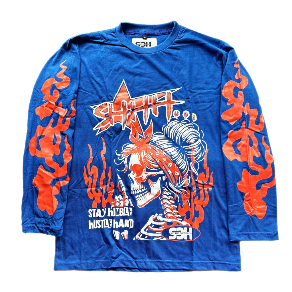 S3H SKELETON FLAME LONG SLEEVE SHIRT - BLUE ORANGE WHITE