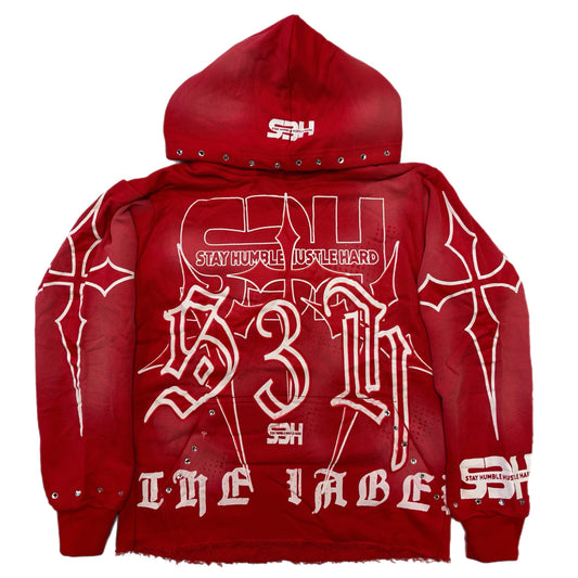 S3H Cross Rhinestone Cropped Hoodie - Red Cropped Cut